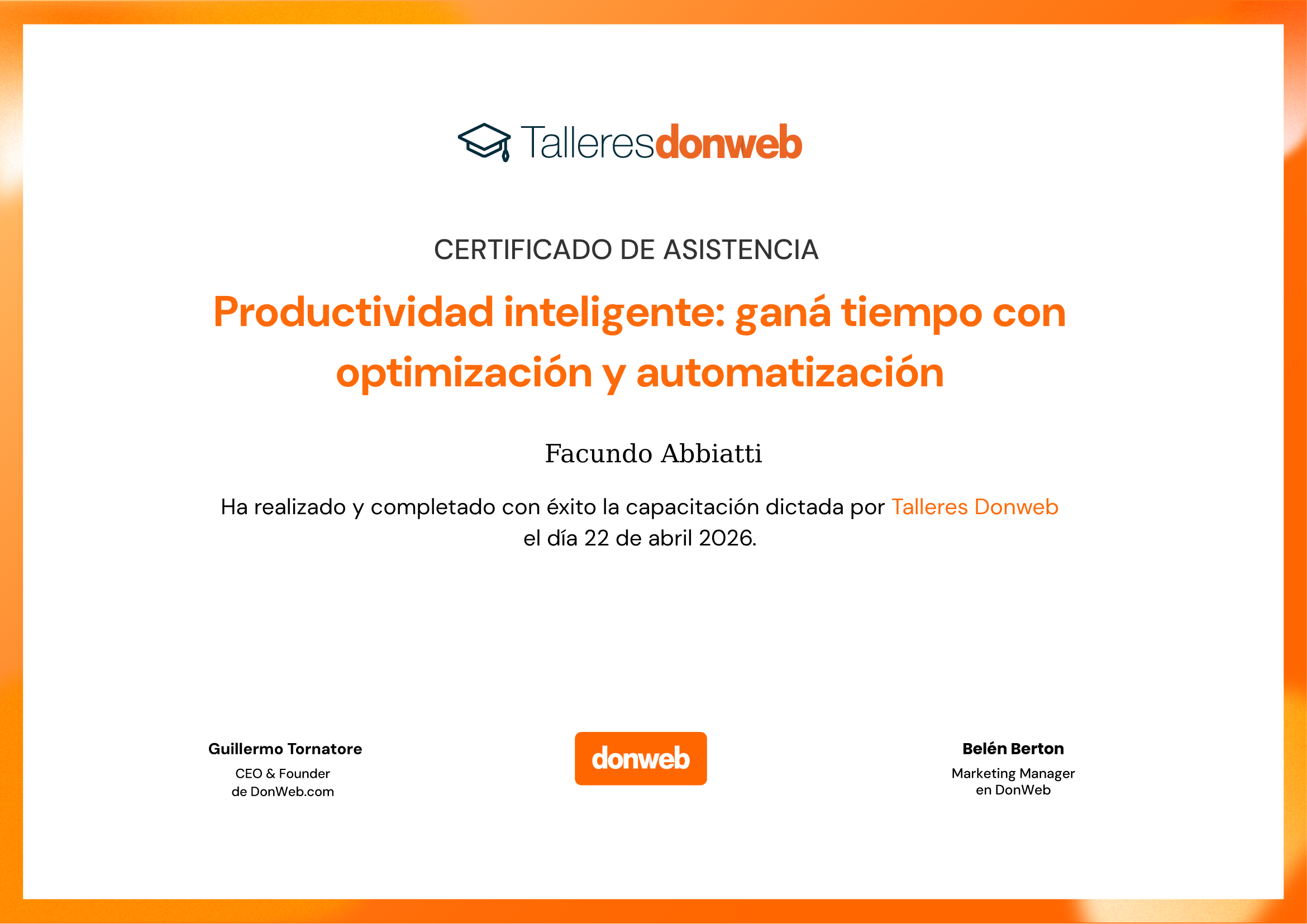Certificado de asistencia · Talleres DonWeb