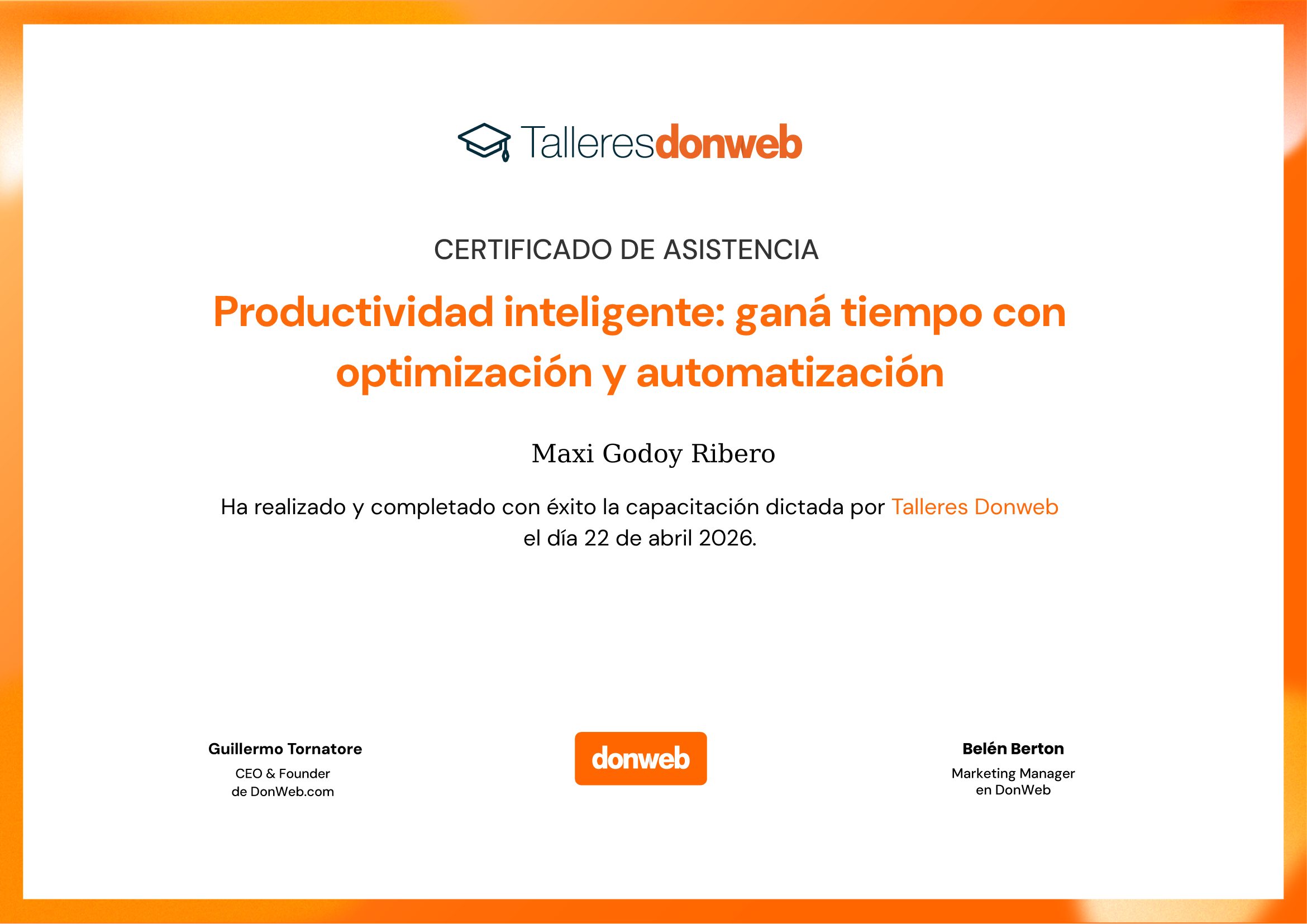Certificado de asistencia · Talleres DonWeb